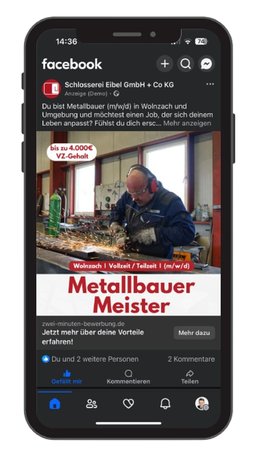 Facebook Recruiting-Anzeige für Metallbauer und Metallbaumeister